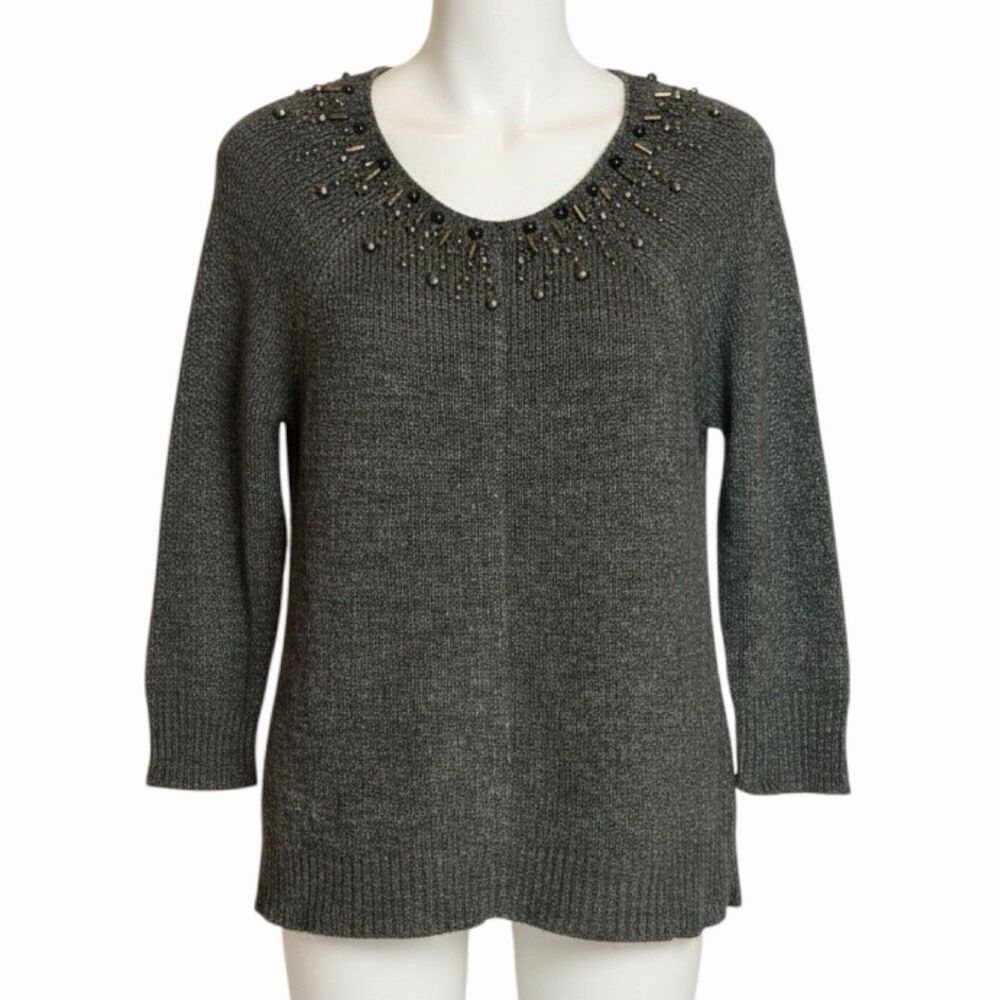 Coldwater Creek Cardigan Sweater Embellished Bead Gray L 14 16